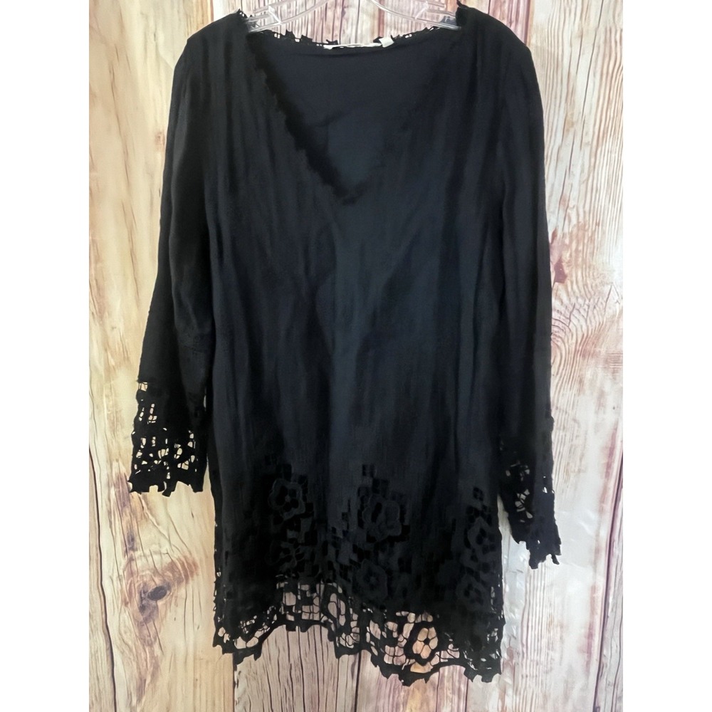Soft Surroundings Black Linen Dress Size S Crochet Hem Boho Summer Garden Party